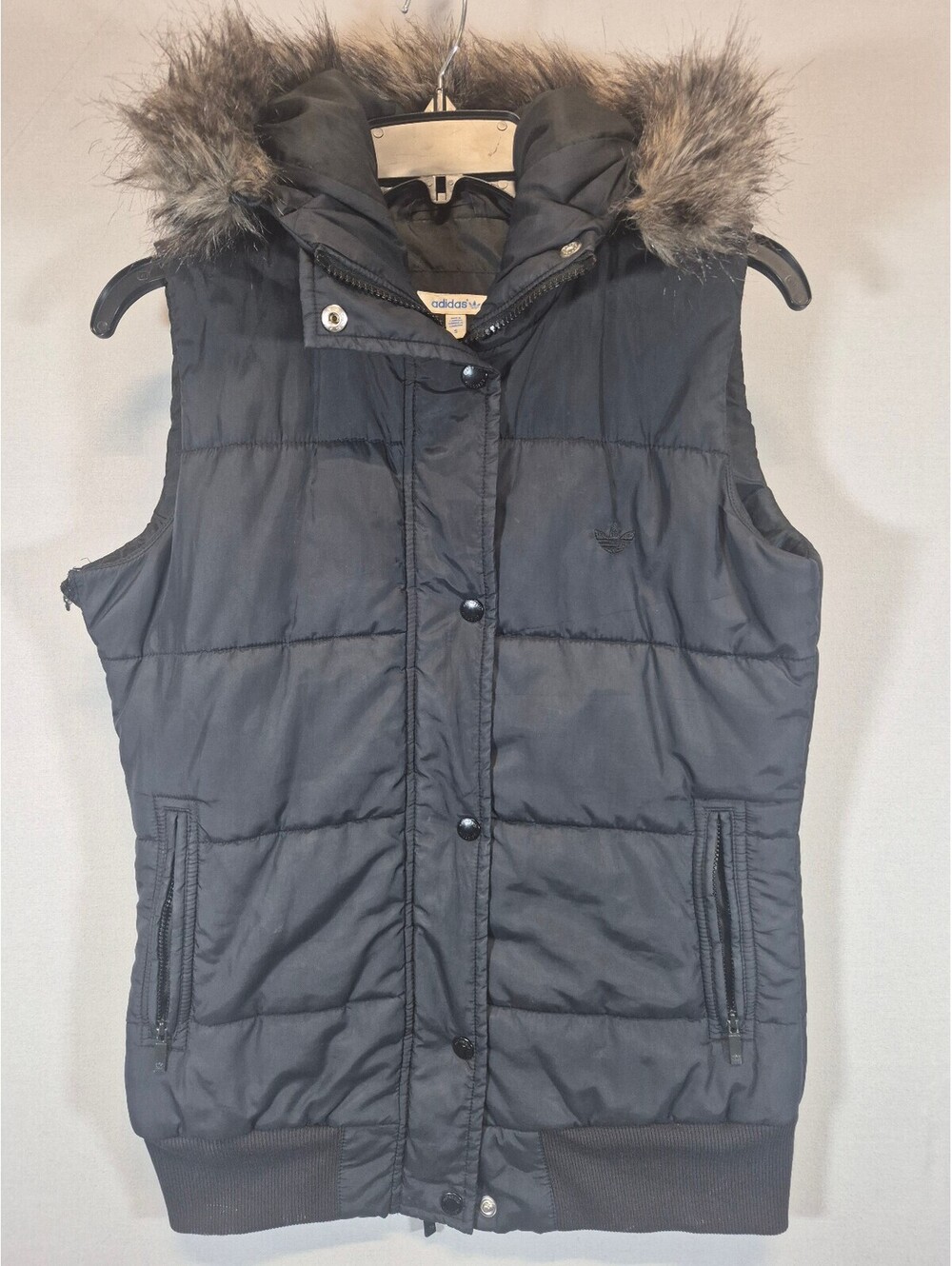 Adidas Originals Women’s Small Black Puffer Vest Faux Fur Hood Winter Y2K